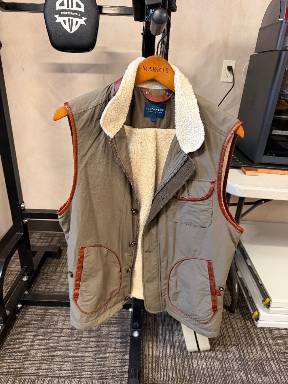 Faconnable Men's Large Olive Leather-Trim Sherpa Vest